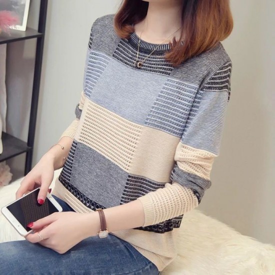 O-neck Loose Knit Pullover Women Long-sleeve Sweater Spring Autumn Fashion Female Casual Stripe Sweaters
