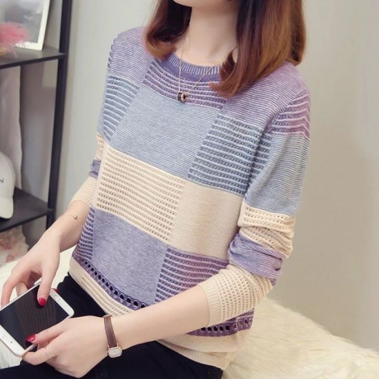 O-neck Loose Knit Pullover Women Long-sleeve Sweater Spring Autumn Fashion Female Casual Stripe Sweaters