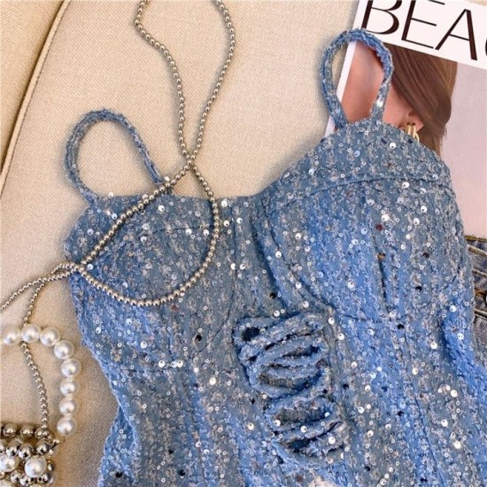 Fairly24sgsd5gre French heavy industry sequin camisole women's retro blue design strap short top summer inner