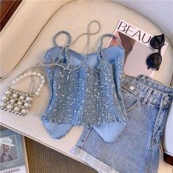 Fairly24sgsd5gre French heavy industry sequin camisole women's retro blue design strap short top summer inner