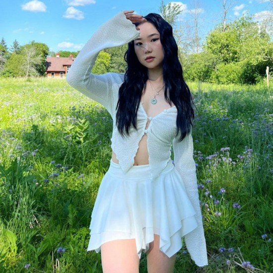 Simon Women Summer Streetwear Cardigan White Long Sleeve V Neck Butterfly Shaped Crop Tops