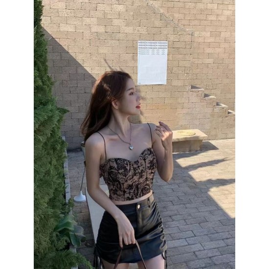 COD Women Tank Top Fashion Flower Jacquard Sexy Low Cut Backless Slim Fit Casual Spaghetti Camisole