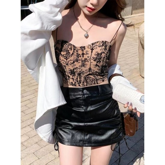 COD Women Tank Top Fashion Flower Jacquard Sexy Low Cut Backless Slim Fit Casual Spaghetti Camisole