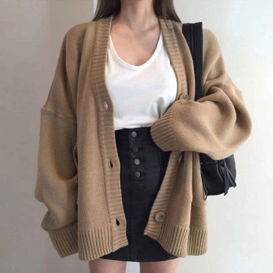 Korean retro loose oversize V-neck retro sweater fashion knitted cardigan jacket for women