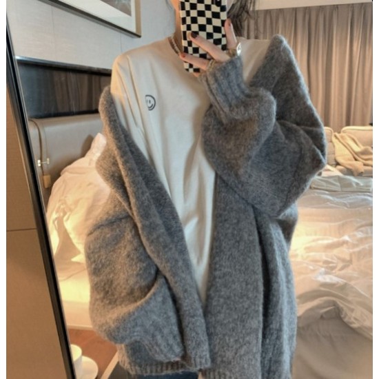 Korean version of the new lazy all-match loose solid color sleeve knitted sweater cardigan jacket