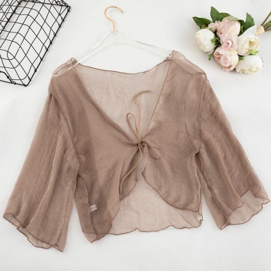 Women Chiffon Short Cardigan Summer Sun Protection Clothing Ladies Lace Tops V Neck Half Sleeve Short Jacket
