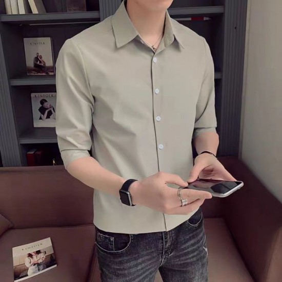 Huilishi 3/4 sleeve shirt men's short-sleeved summer 2023 new trendy brand hair stylist men's clothing trend casual white shirt men