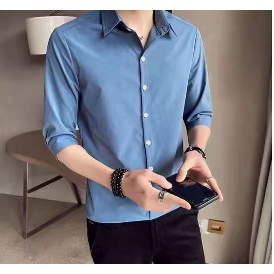 Huilishi 3/4 sleeve shirt men's short-sleeved summer 2023 new trendy brand hair stylist men's clothing trend casual white shirt men