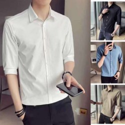 Huilishi 3/4 sleeve shirt men's short-sleeved summer 2023 new trendy brand hair stylist men's clothing trend casual white shirt men