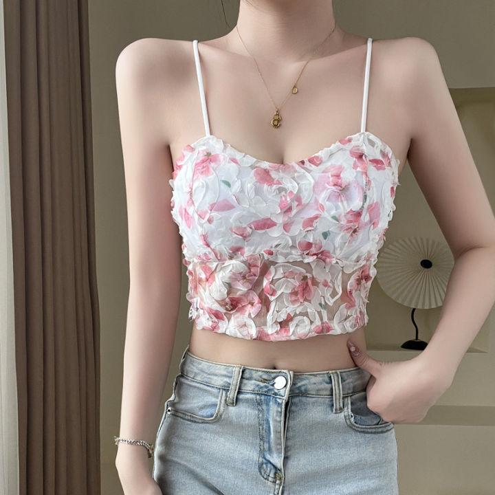 トップス S flower taped camisole Women Y2k Floral Print Camisole Flower Spaghetti Strap Tank